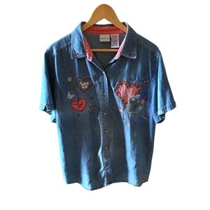 Bobbie Brooks Vintage Granny Core Embroidered Gingham Heart Flowers Denim Shirt